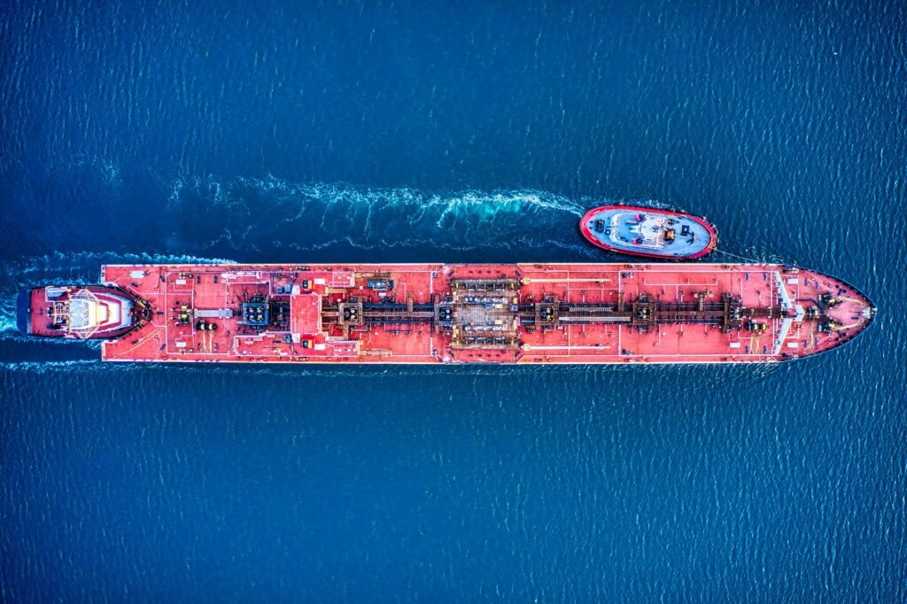 Aerial view of a bulk edible oil tanker used for export shipping
