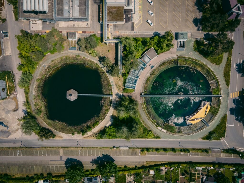 Aerial view of a water treatment plant where bulk treatment chemicals are used