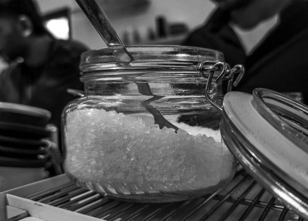Close-up of white refined sugar crystals, ICUMSA 45 grade
